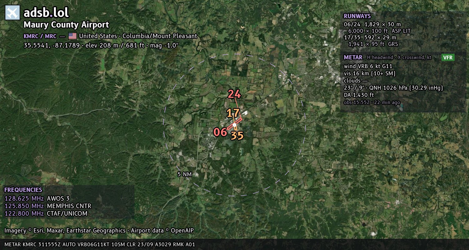 Satellite map with the runway layout of Maury County Airport (KMRC)