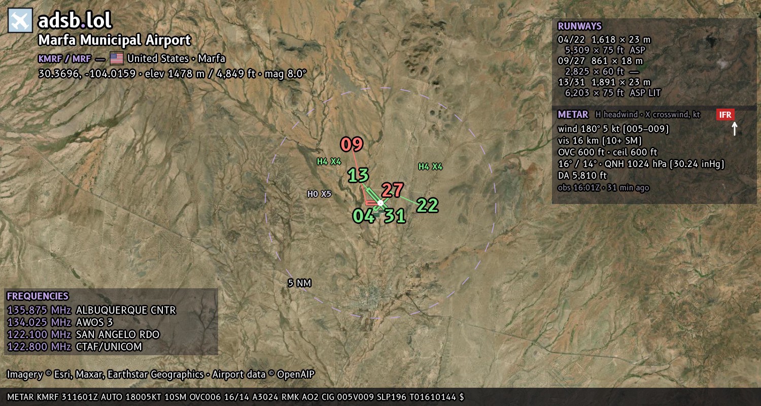 Satellite map with the runway layout of Marfa Municipal Airport (KMRF)