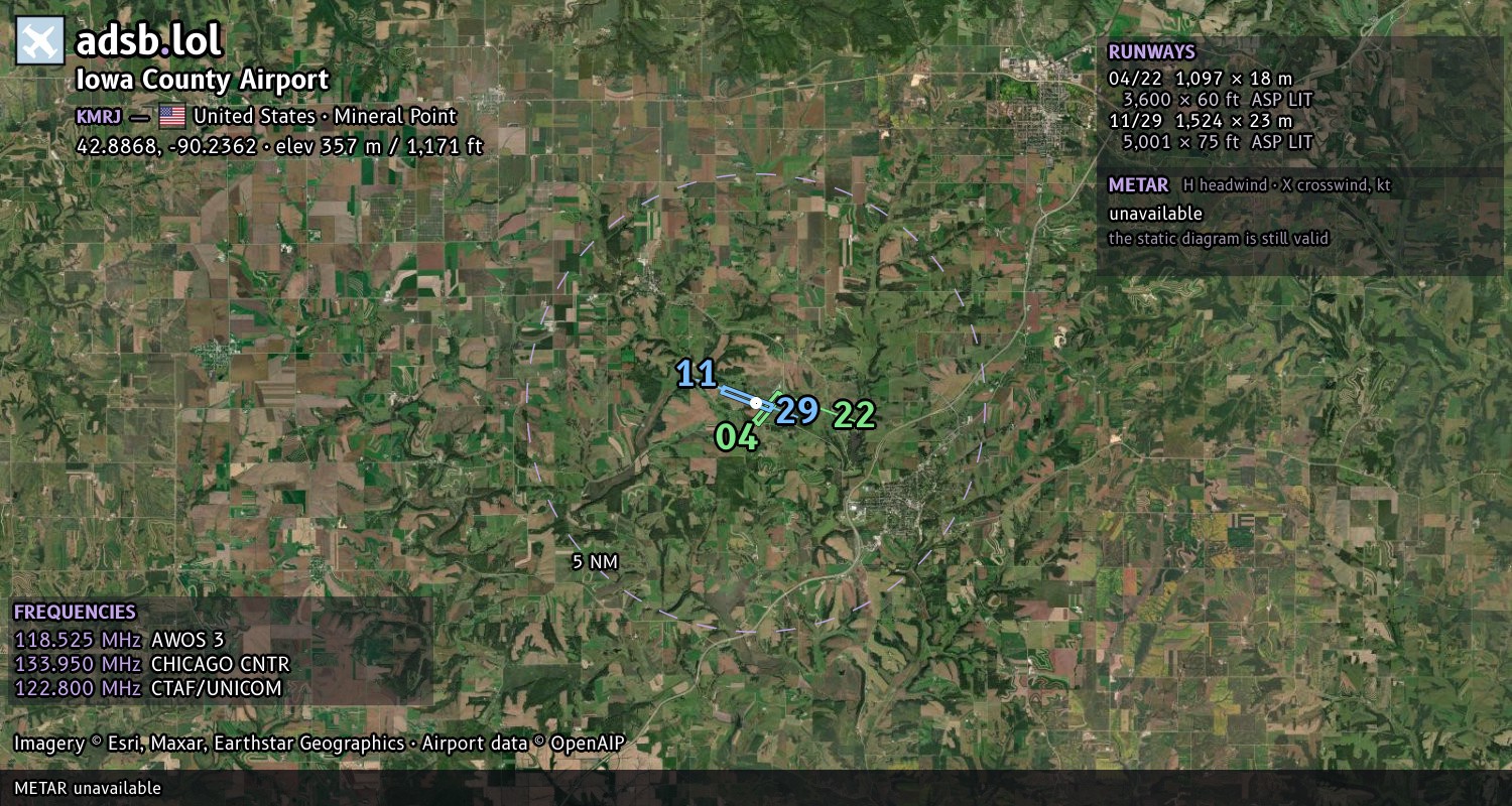 Satellite map with the runway layout of Iowa County Airport (KMRJ)