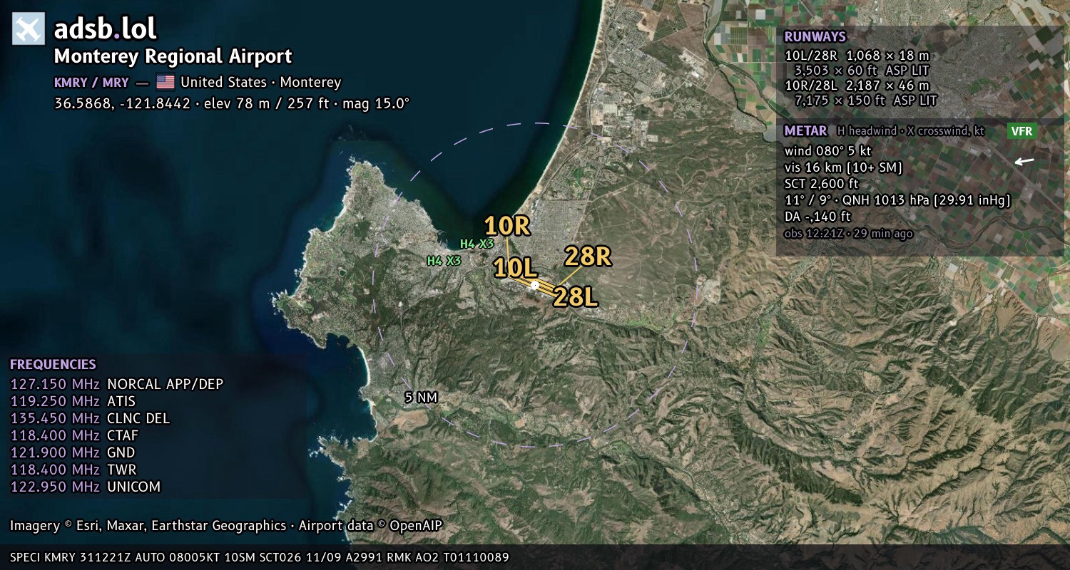 Satellite map with the runway layout of Monterey Regional Airport (KMRY)