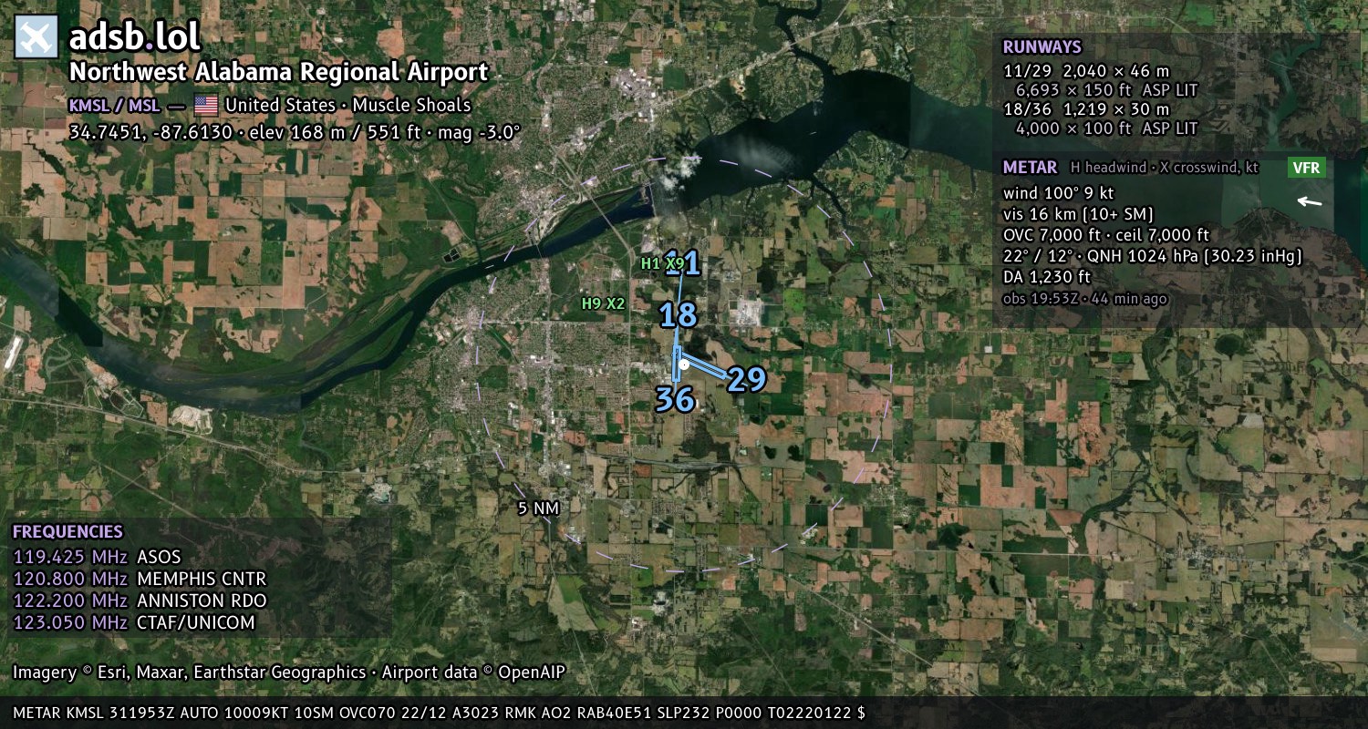 Satellite map with the runway layout of Northwest Alabama Regional Airport (KMSL)