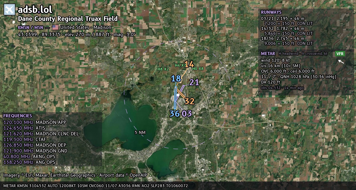 Satellite map with the runway layout of Dane County Regional Truax Field (KMSN)