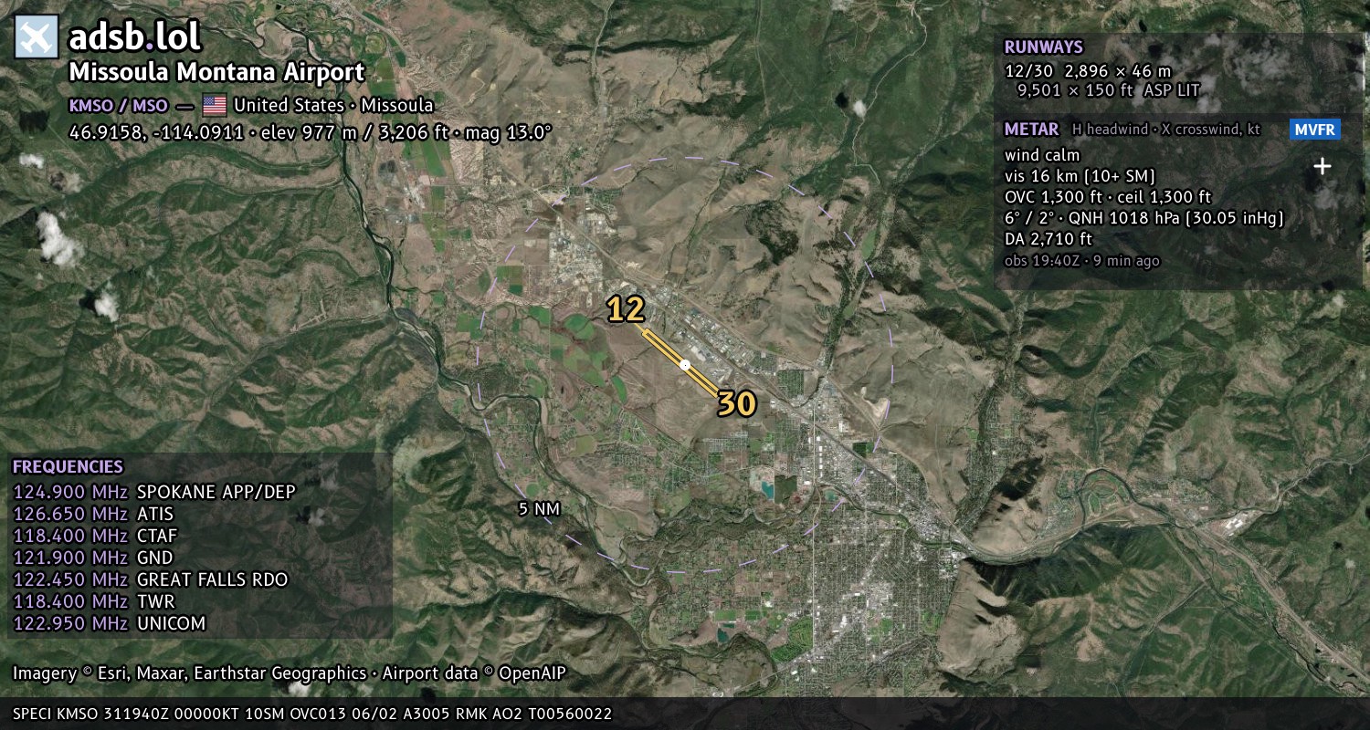 Satellite map with the runway layout of Missoula Montana Airport (KMSO)