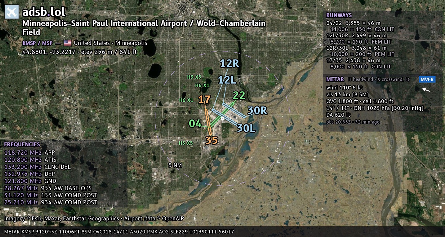 Satellite map with the runway layout of Minneapolis–Saint Paul International Airport / Wold–Chamberlain Field (KMSP)