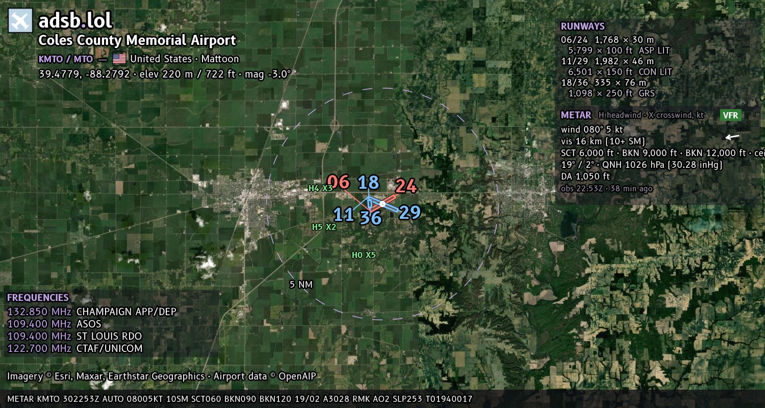 Satellite map with the runway layout of Coles County Memorial Airport (KMTO)