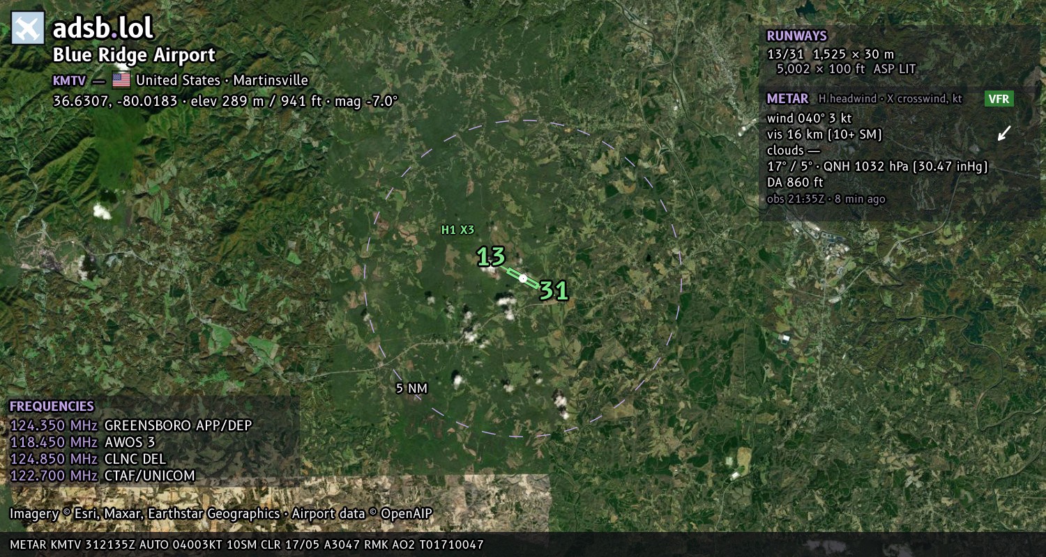 Satellite map with the runway layout of Blue Ridge Airport (KMTV)