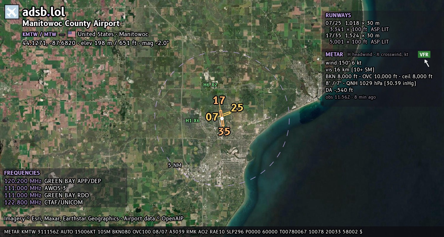 Satellite map with the runway layout of Manitowoc County Airport (KMTW)