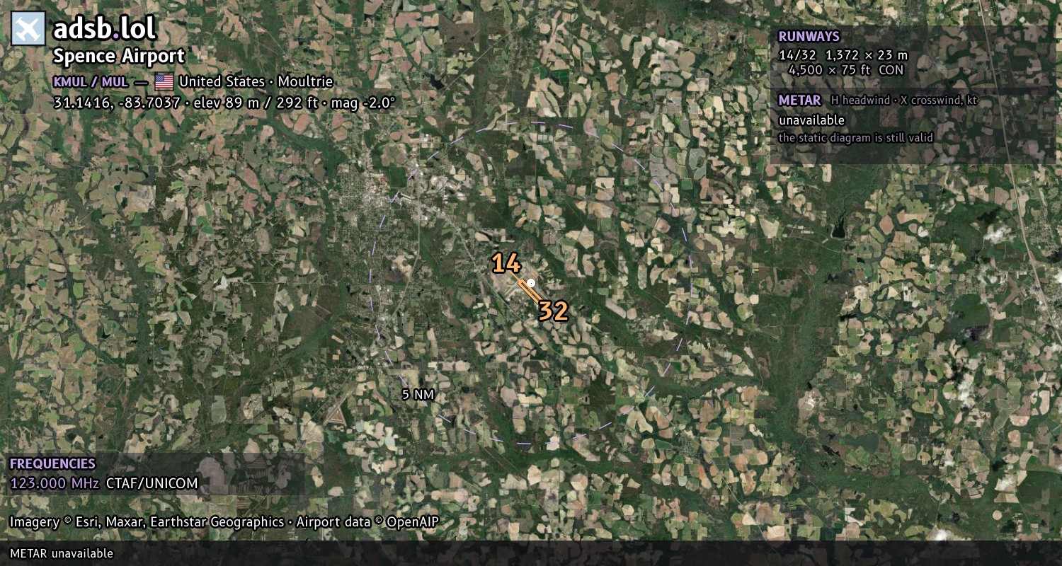 Satellite map with the runway layout of Spence Airport (KMUL)