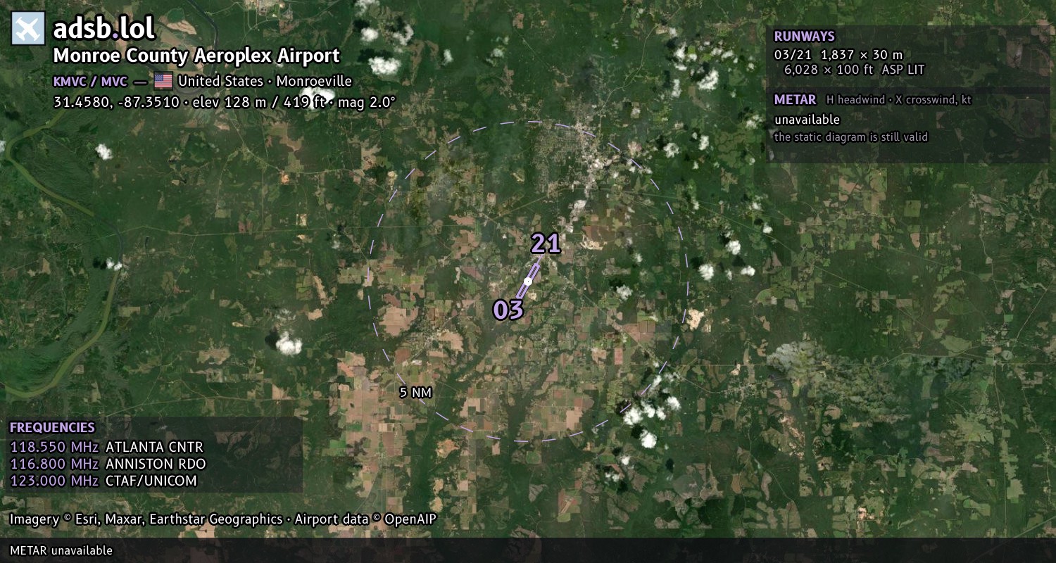 Satellite map with the runway layout of Monroe County Aeroplex Airport (KMVC)