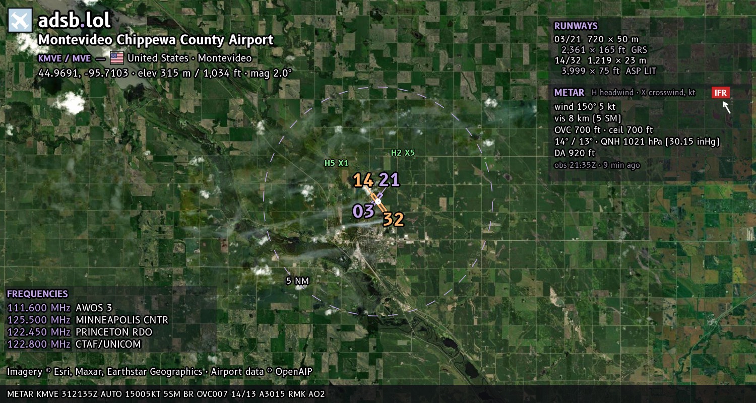 Satellite map with the runway layout of Montevideo Chippewa County Airport (KMVE)