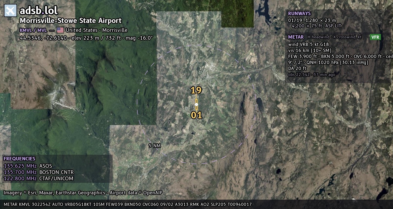 Satellite map with the runway layout of Morrisville-Stowe State Airport (KMVL)