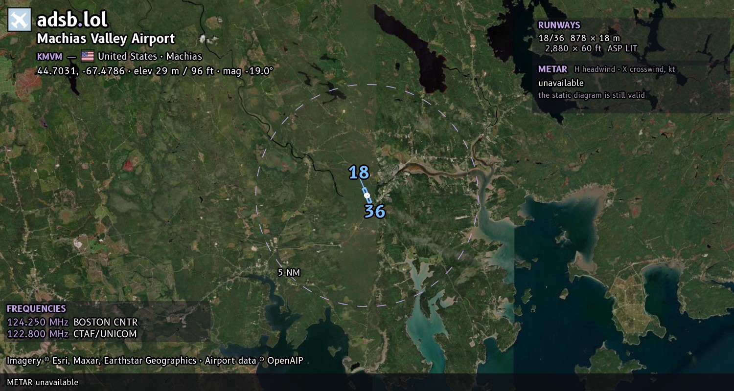 Satellite map with the runway layout of Machias Valley Airport (KMVM)