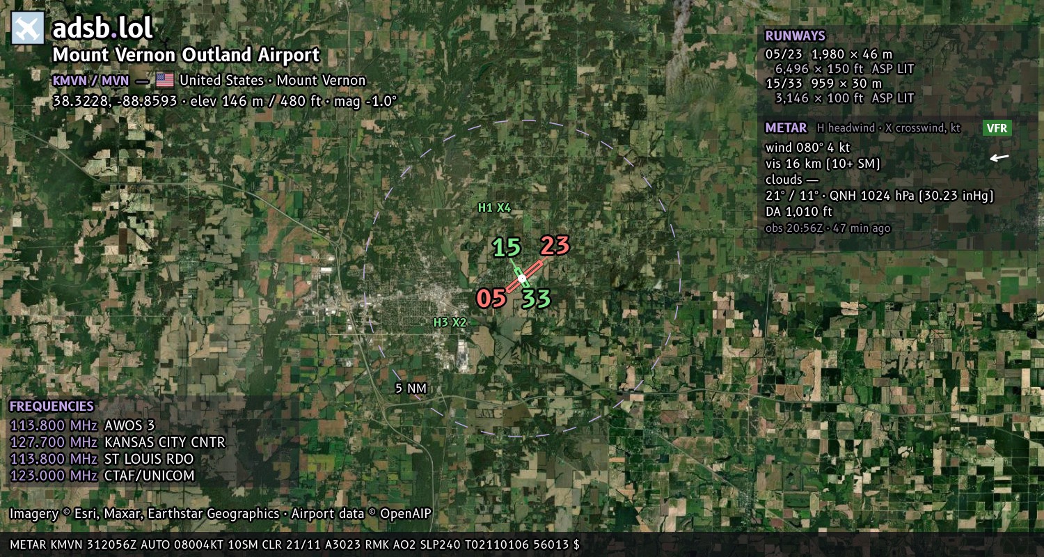 Satellite map with the runway layout of Mount Vernon Outland Airport (KMVN)