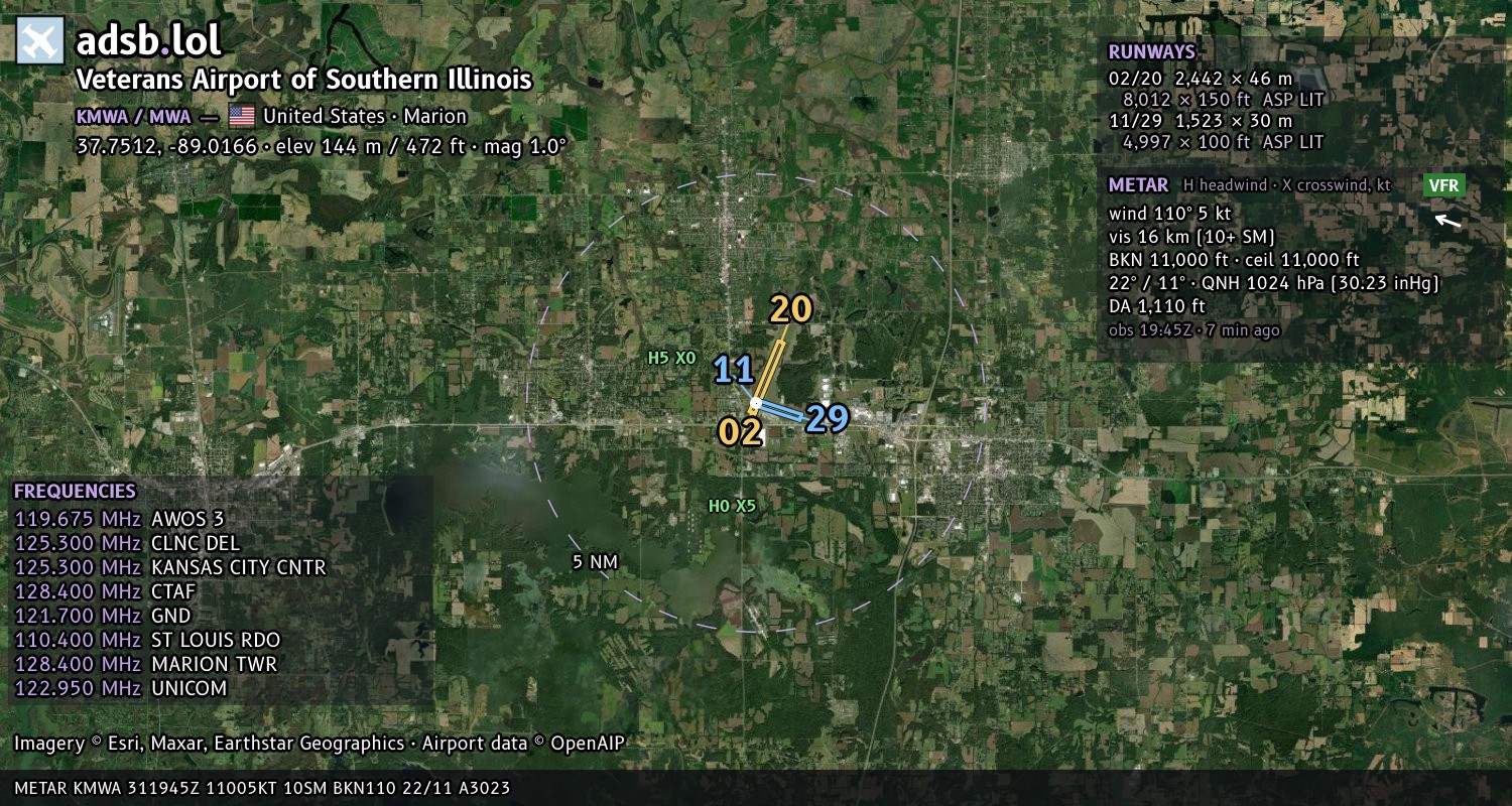 Satellite map with the runway layout of Veterans Airport of Southern Illinois (KMWA)