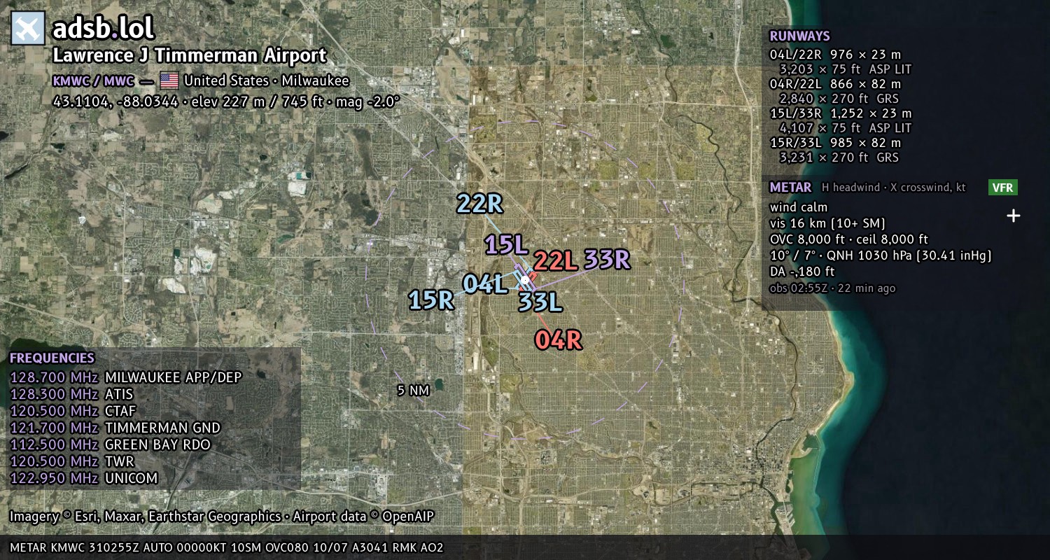Satellite map with the runway layout of Lawrence J Timmerman Airport (KMWC)