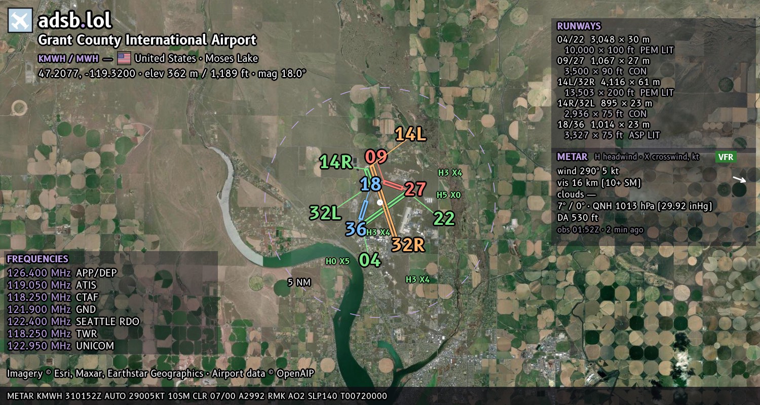 Satellite map with the runway layout of Grant County International Airport (KMWH)