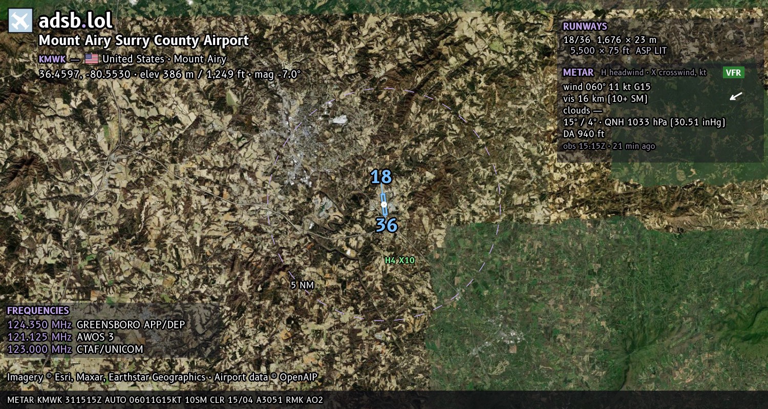 Satellite map with the runway layout of Mount Airy Surry County Airport (KMWK)