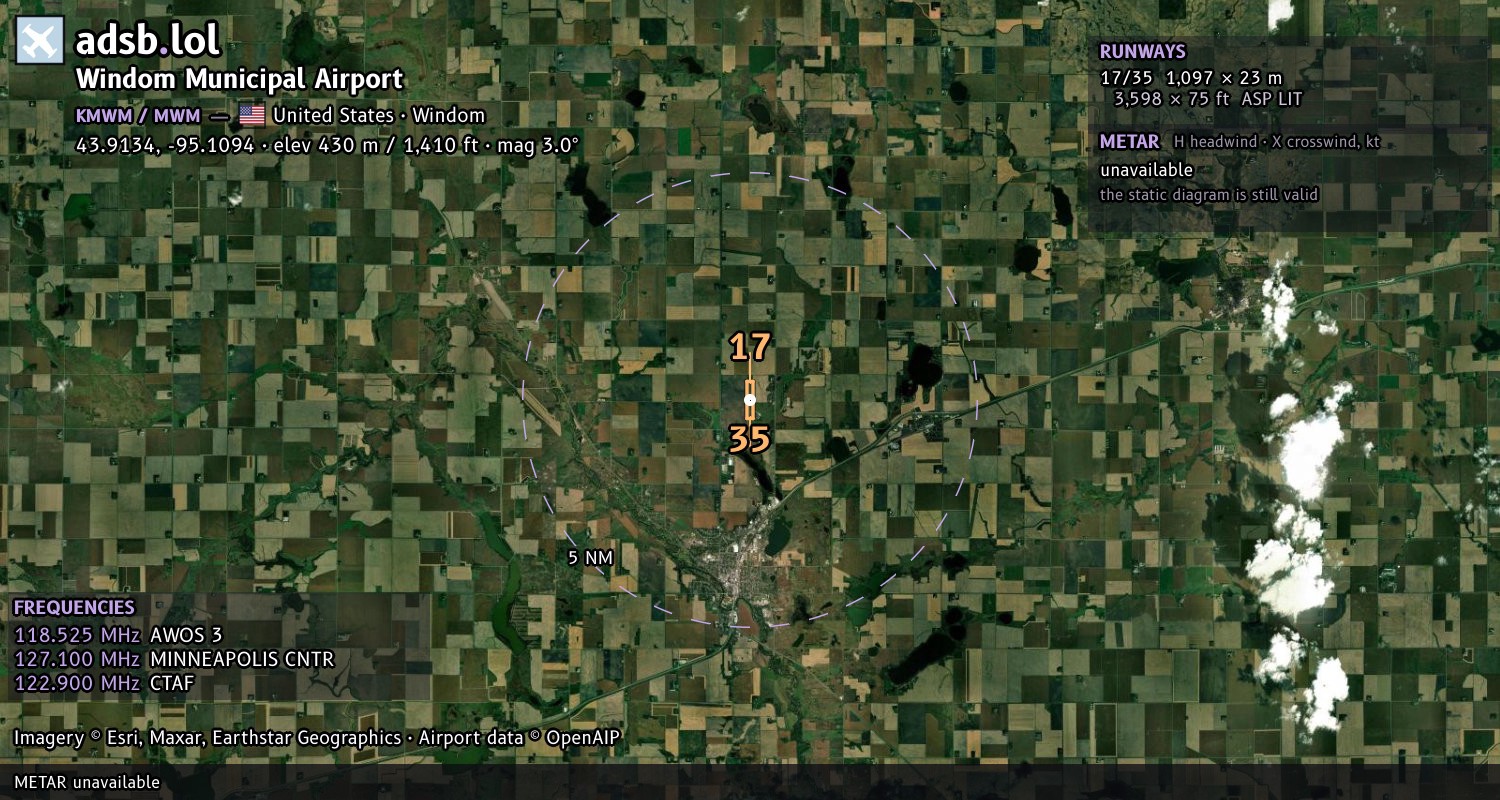Satellite map with the runway layout of Windom Municipal Airport (KMWM)
