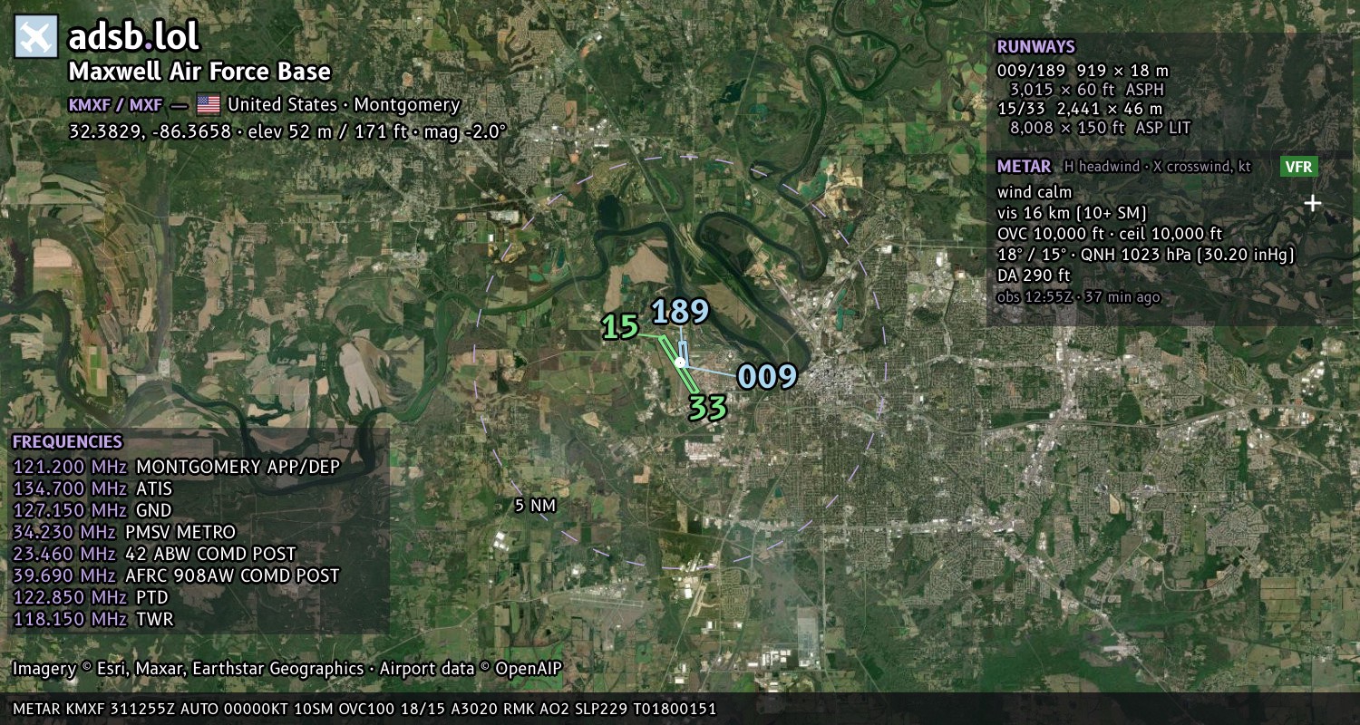Satellite map with the runway layout of Maxwell Air Force Base (KMXF)