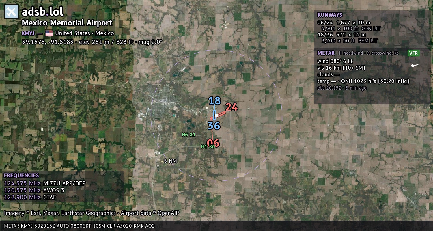 Satellite map with the runway layout of Mexico Memorial Airport (KMYJ)