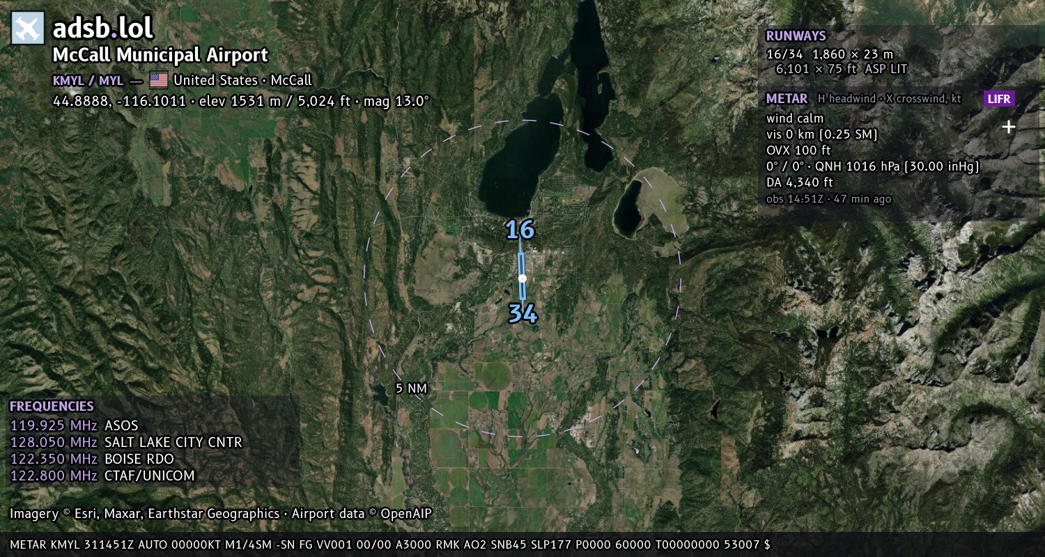 Satellite map with the runway layout of McCall Municipal Airport (KMYL)