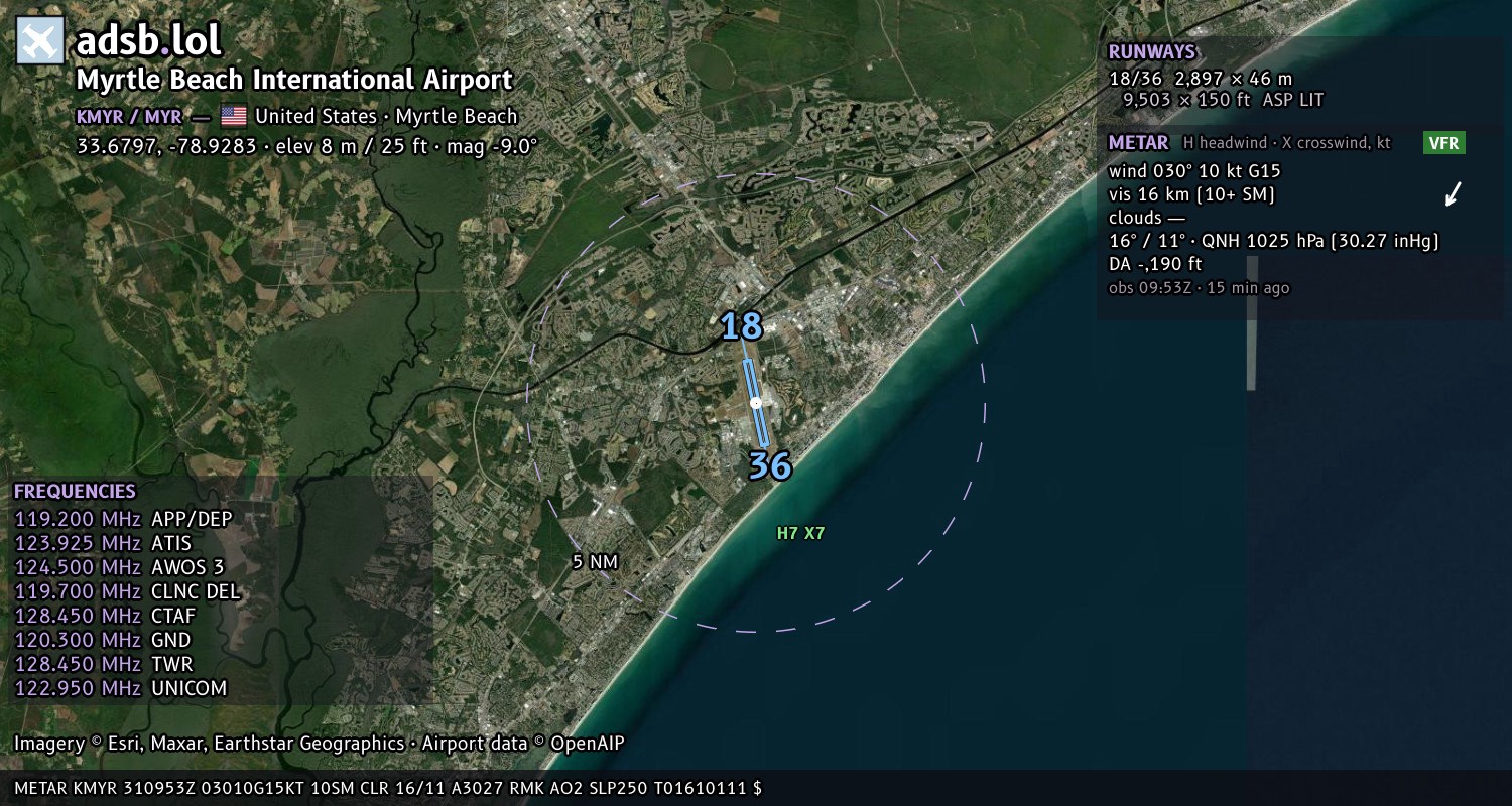 Satellite map with the runway layout of Myrtle Beach International Airport (KMYR)