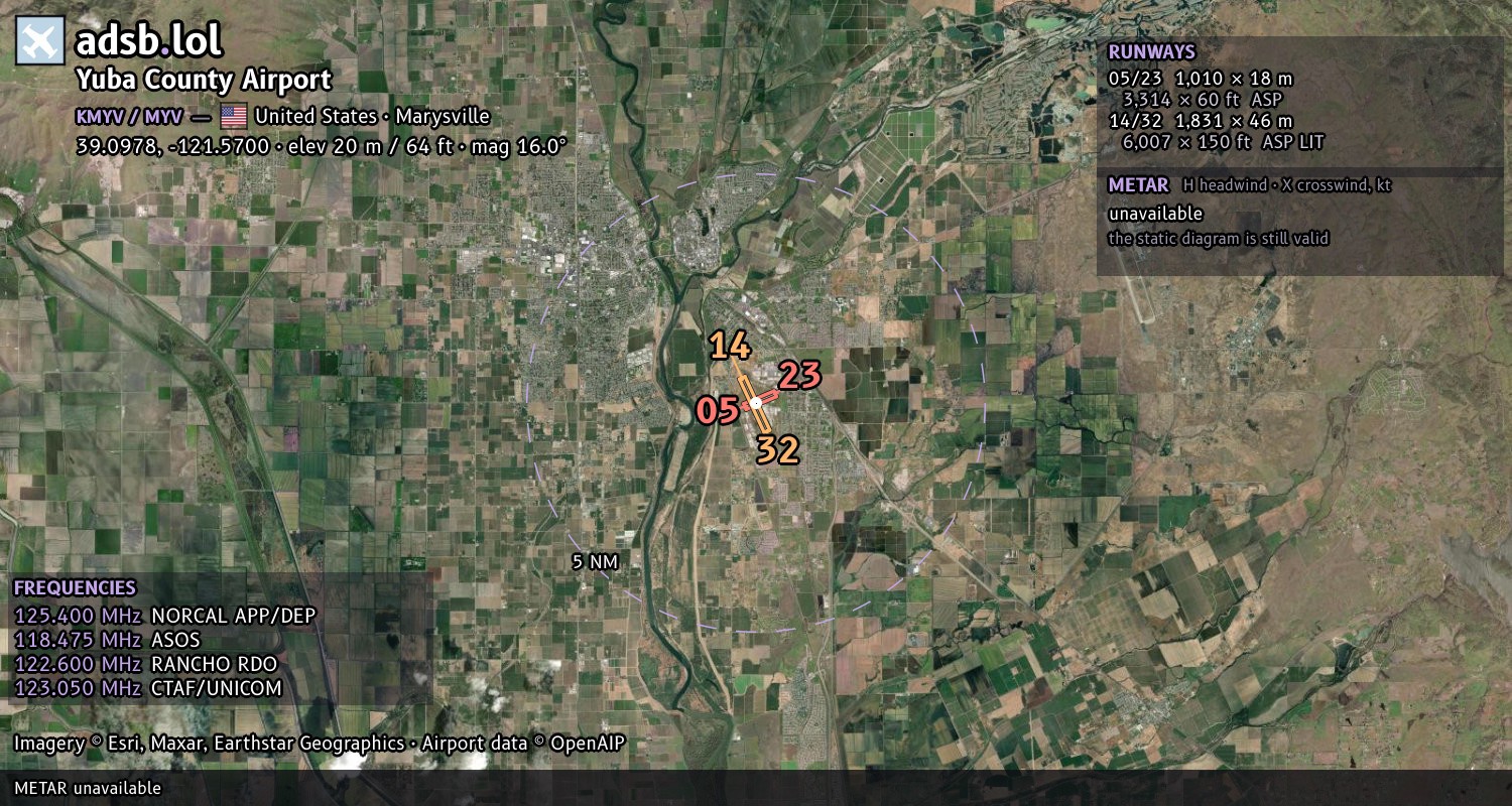 Satellite map with the runway layout of Yuba County Airport (KMYV)