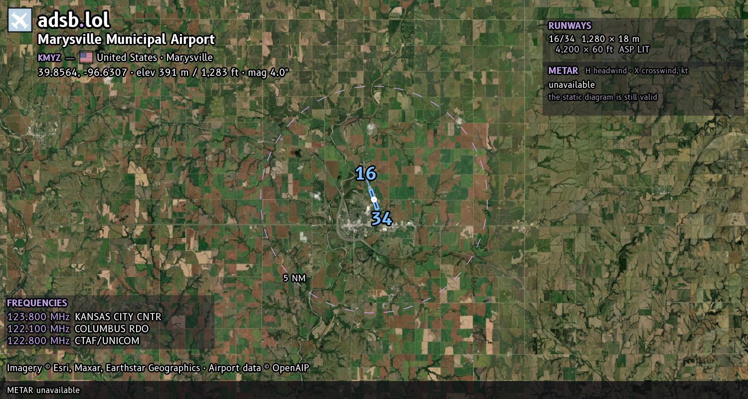 Satellite map with the runway layout of Marysville Municipal Airport (KMYZ)