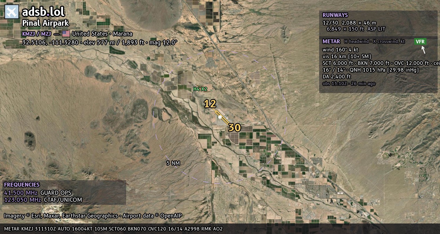 Satellite map with the runway layout of Pinal Airpark (KMZJ)