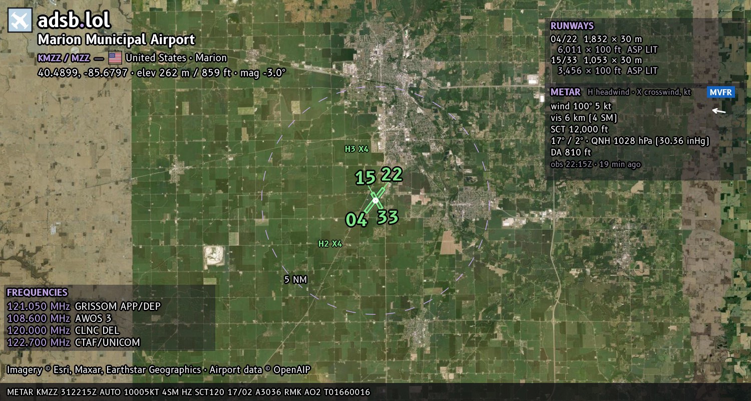 Satellite map with the runway layout of Marion Municipal Airport (KMZZ)