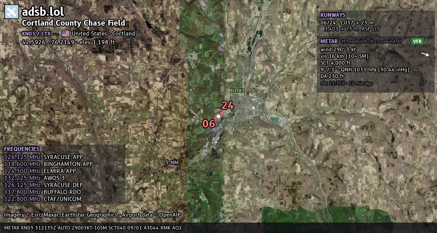 Satellite map with the runway layout of Cortland County Chase Field (KN03)