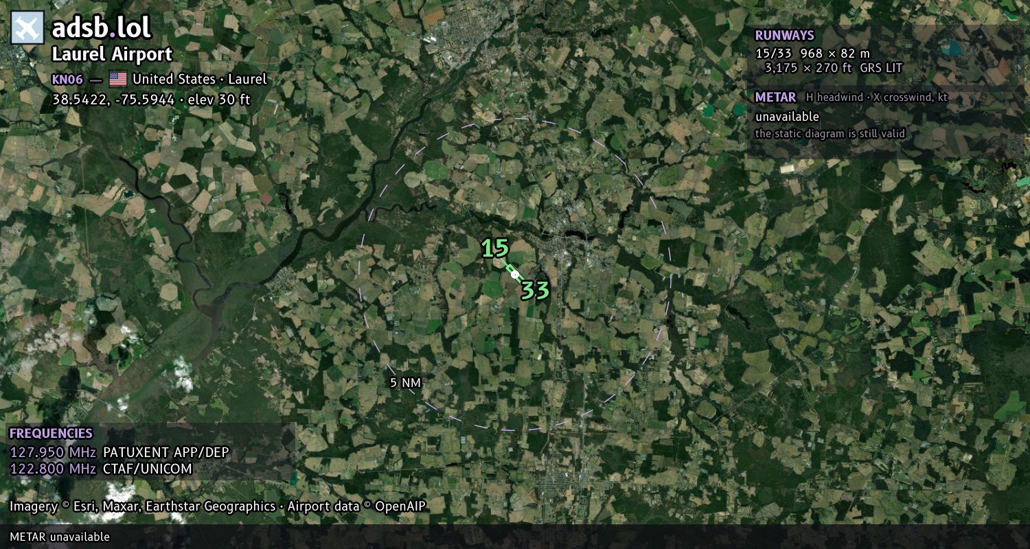 Satellite map with the runway layout of Laurel Airport (KN06)