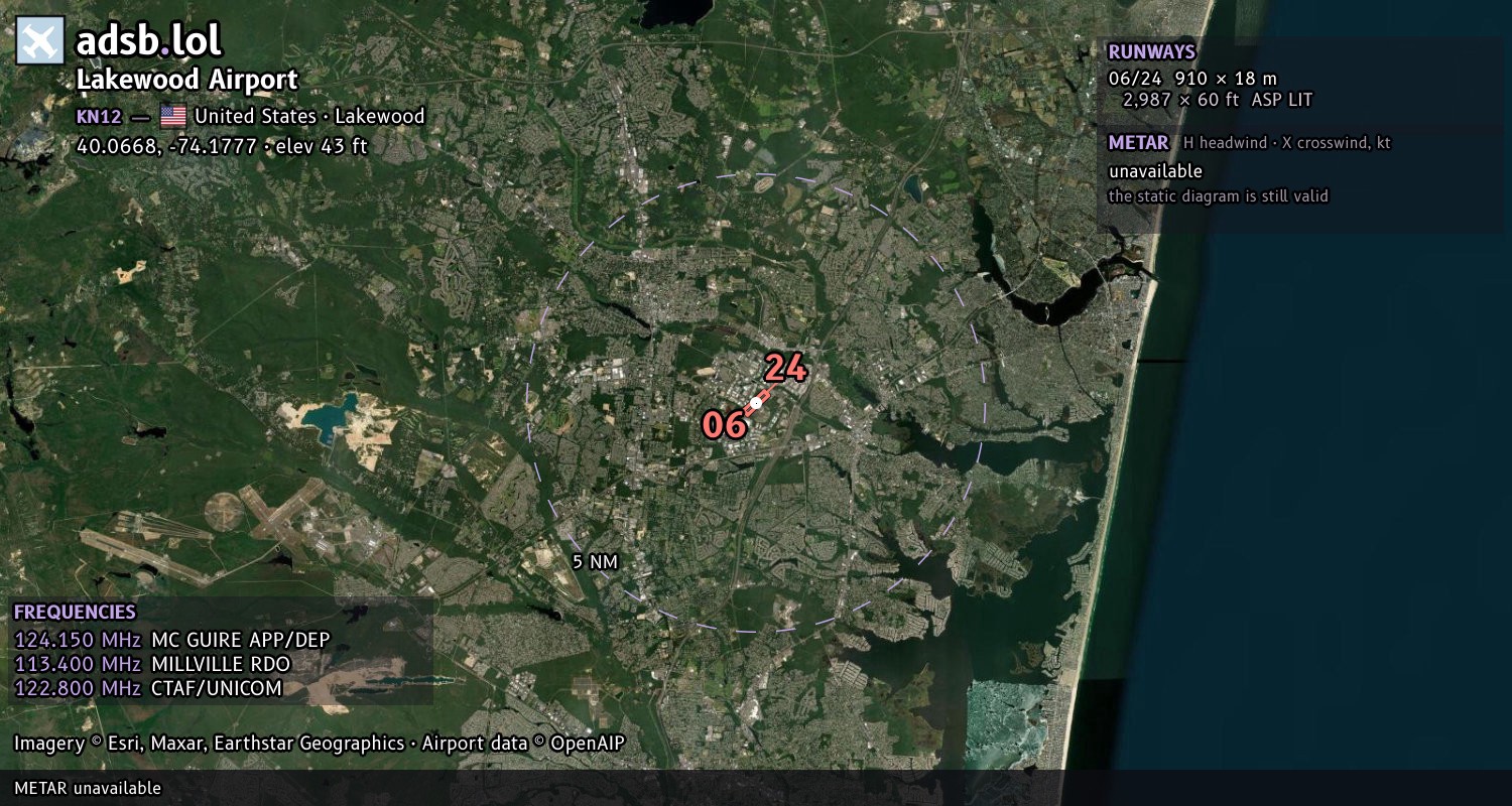 Satellite map with the runway layout of Lakewood Airport (KN12)