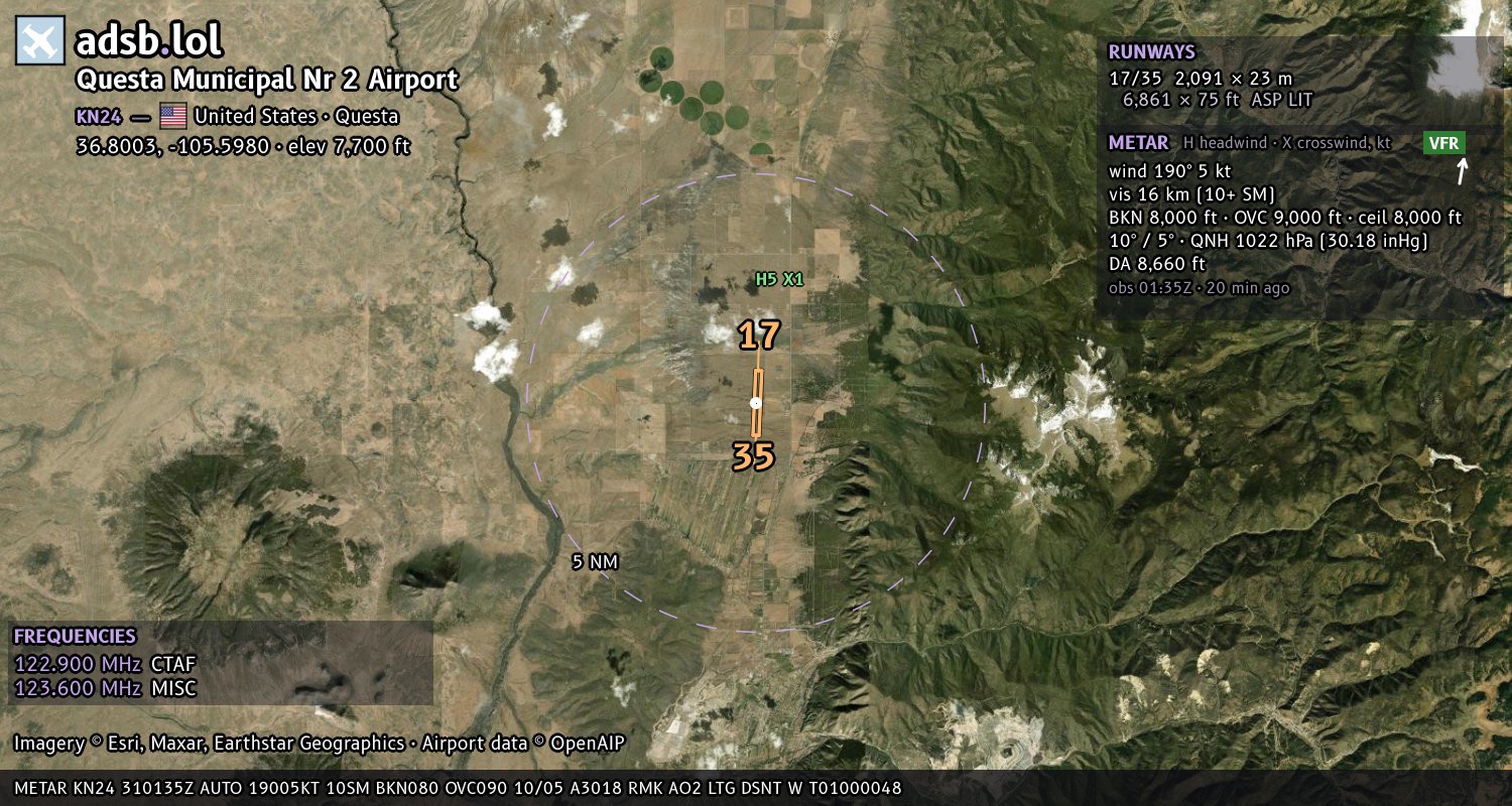 Satellite map with the runway layout of Questa Municipal Nr 2 Airport (KN24)