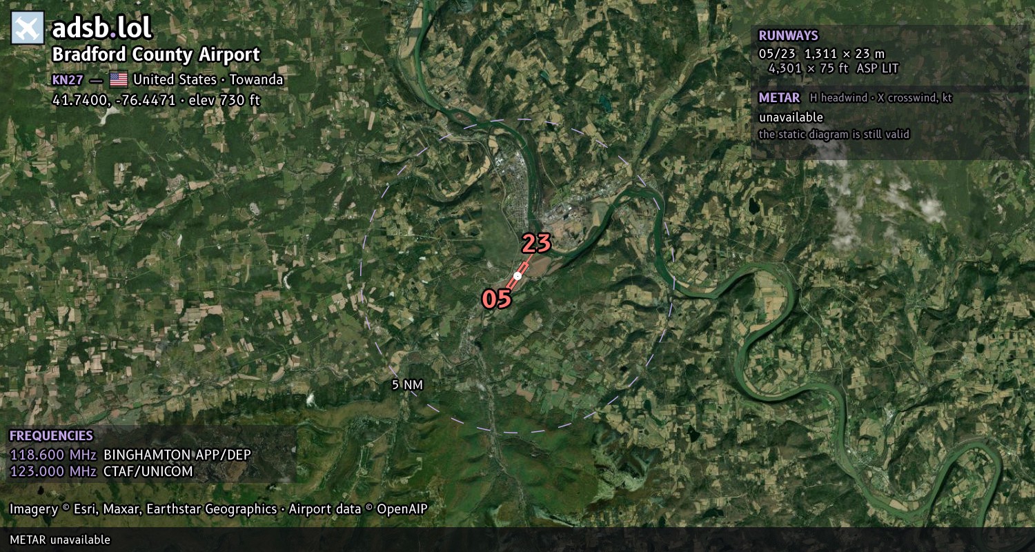 Satellite map with the runway layout of Bradford County Airport (KN27)