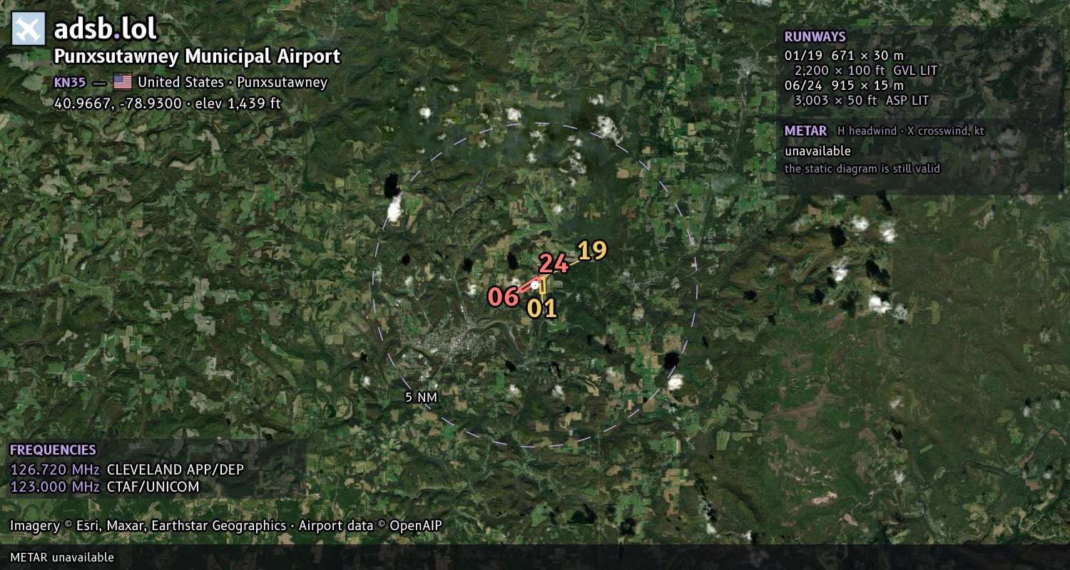 Satellite map with the runway layout of Punxsutawney Municipal Airport (KN35)
