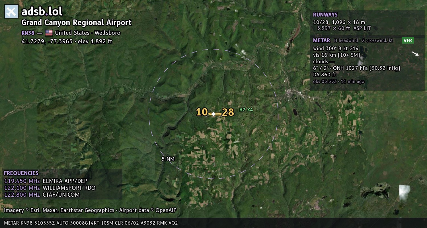 Satellite map with the runway layout of Grand Canyon Regional Airport (KN38)