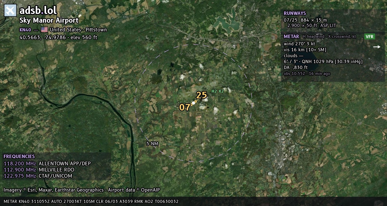 Satellite map with the runway layout of Sky Manor Airport (KN40)