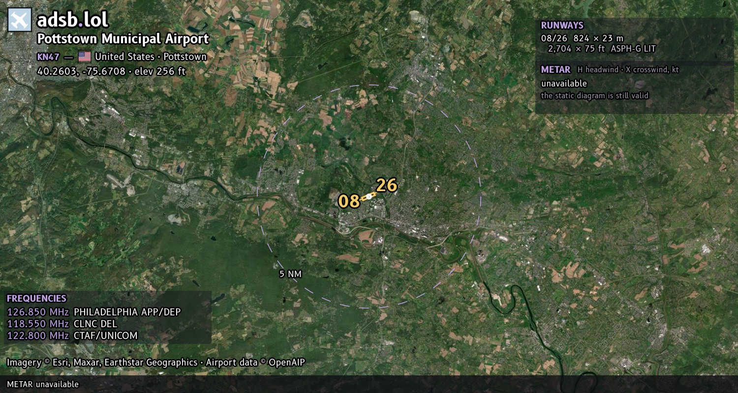 Satellite map with the runway layout of Pottstown Municipal Airport (KN47)