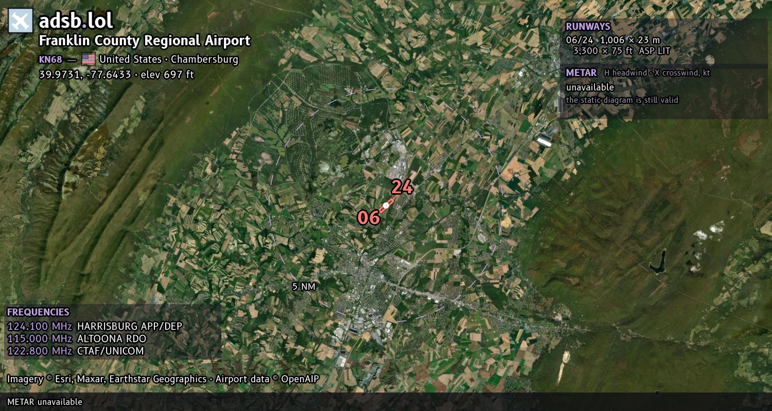 Satellite map with the runway layout of Franklin County Regional Airport (KN68)
