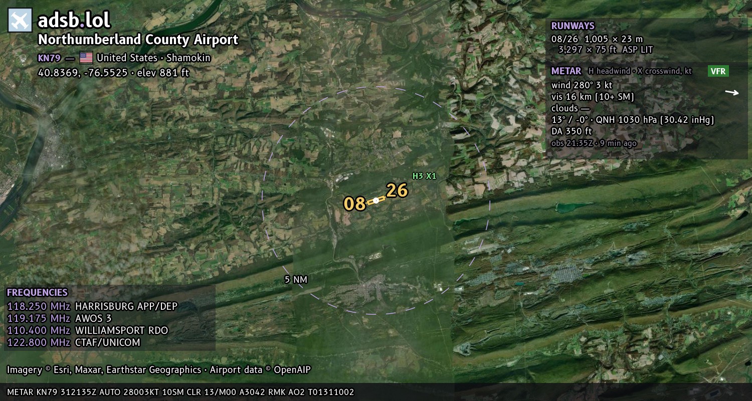 Satellite map with the runway layout of Northumberland County Airport (KN79)