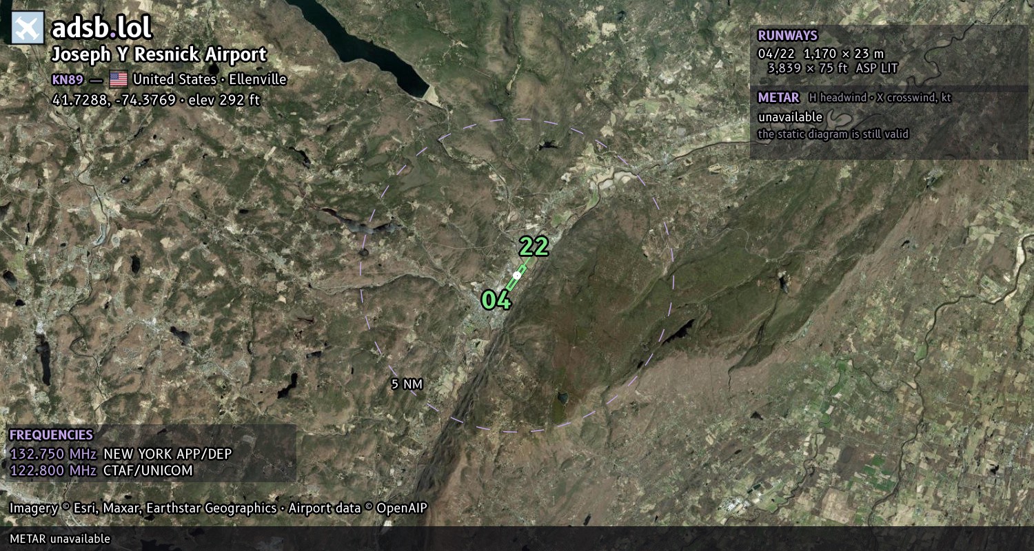 Satellite map with the runway layout of Joseph Y Resnick Airport (KN89)