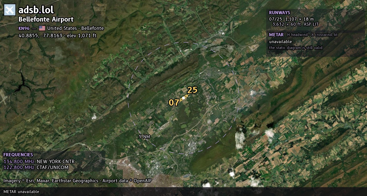 Satellite map with the runway layout of Bellefonte Airport (KN96)