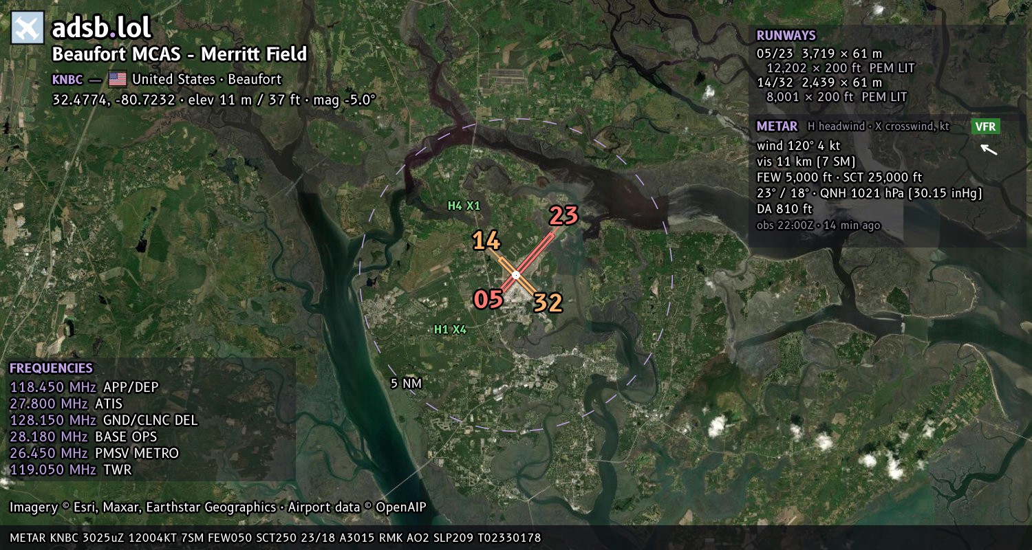 Satellite map with the runway layout of Beaufort MCAS - Merritt Field (KNBC)