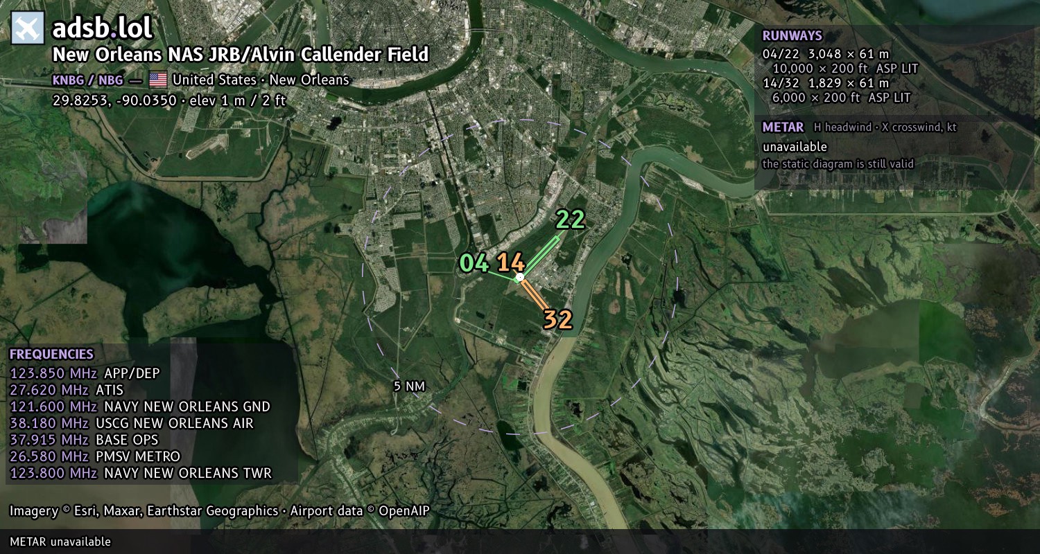 Satellite map with the runway layout of New Orleans NAS JRB/Alvin Callender Field (KNBG)