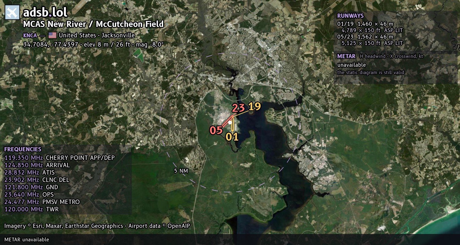 Satellite map with the runway layout of MCAS New River / McCutcheon Field (KNCA)