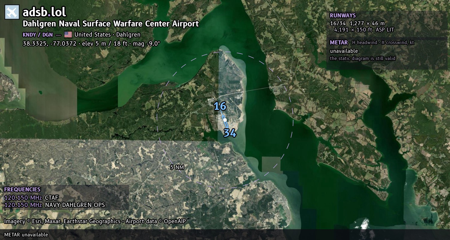 Satellite map with the runway layout of Dahlgren Naval Surface Warfare Center Airport (KNDY)