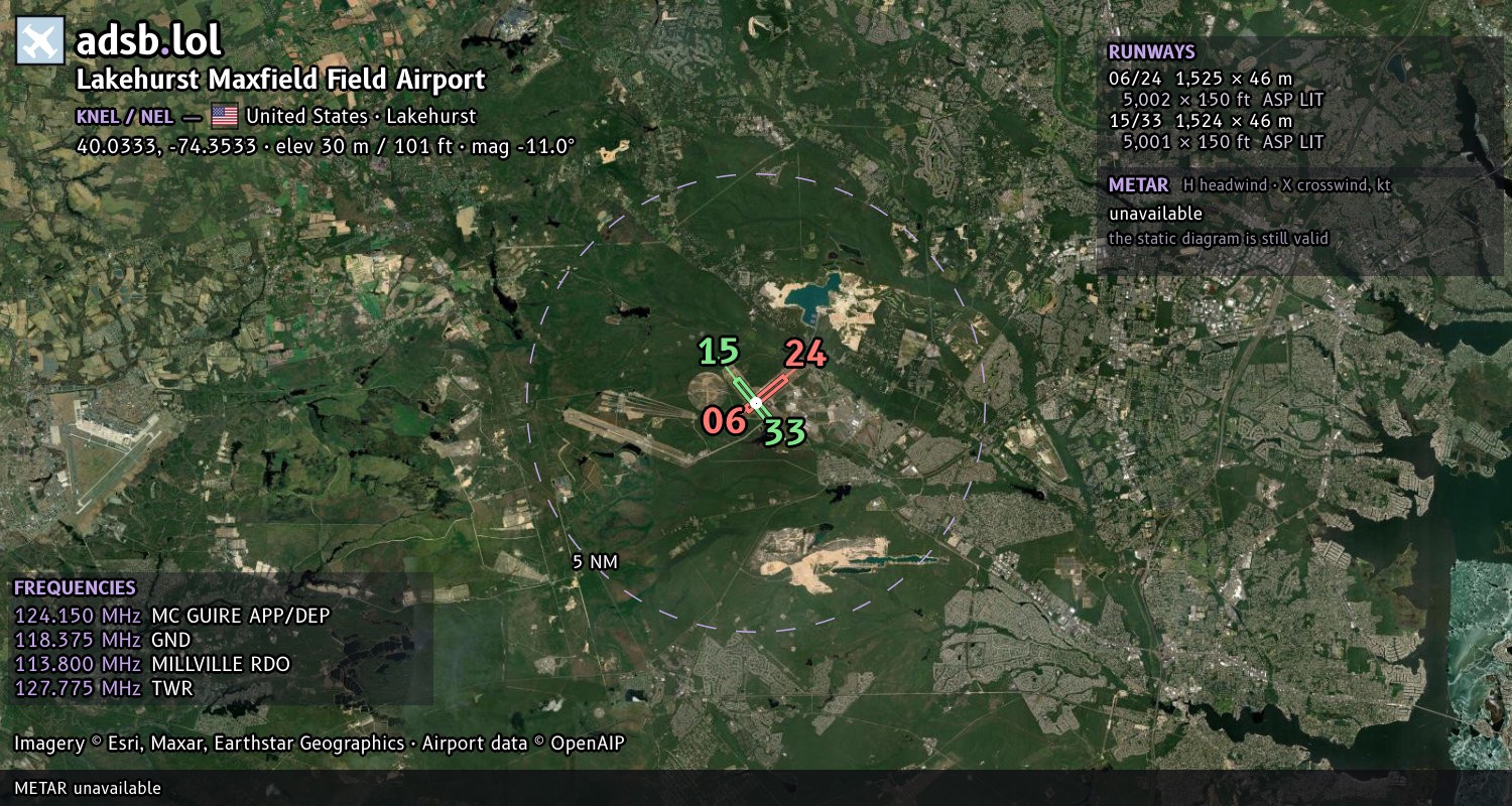 Satellite map with the runway layout of Lakehurst Maxfield Field Airport (KNEL)