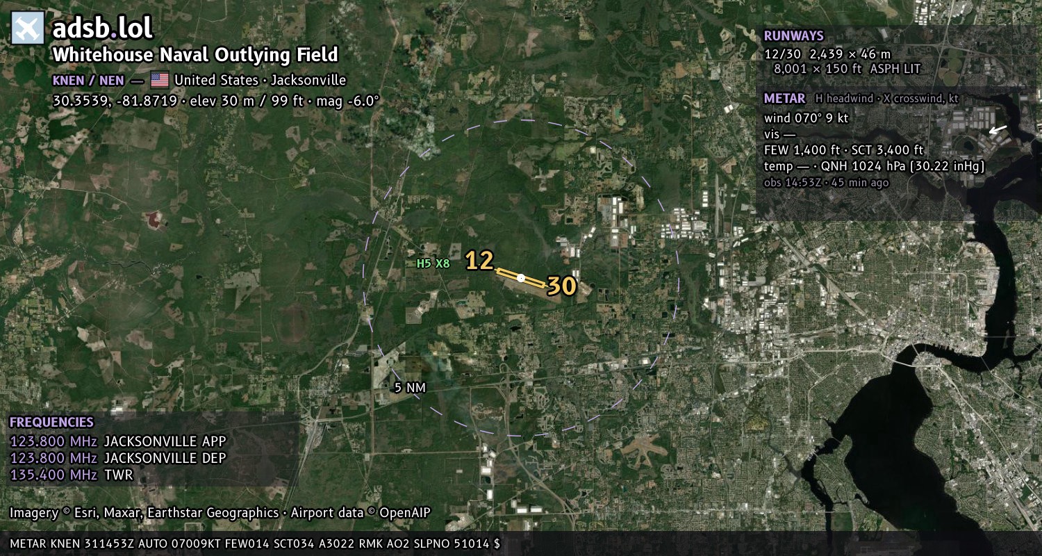 Satellite map with the runway layout of Whitehouse Naval Outlying Field (KNEN)