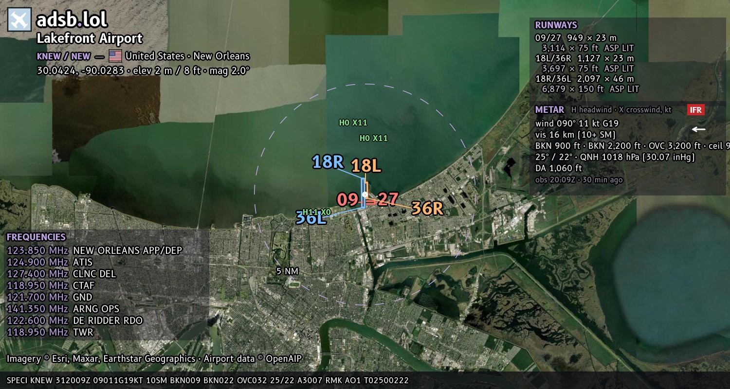 Satellite map with the runway layout of Lakefront Airport (KNEW)